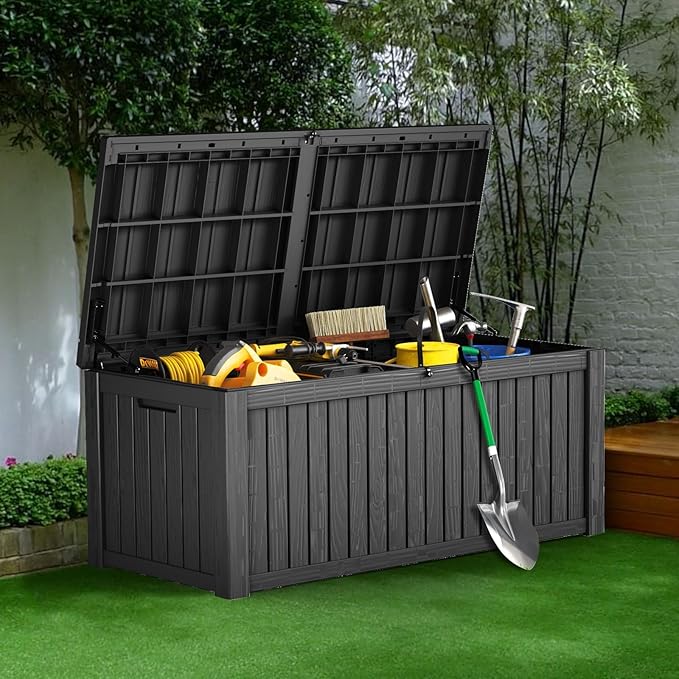 Outdoor Storage Box 180GAL Waterproof Resin Deck Box,UV-Resistant Lockable Package Delivery Bin for Garden Tools,Large Patio Outside Cushions,Pool Accessories Supplies,Chest,Furniture,Black