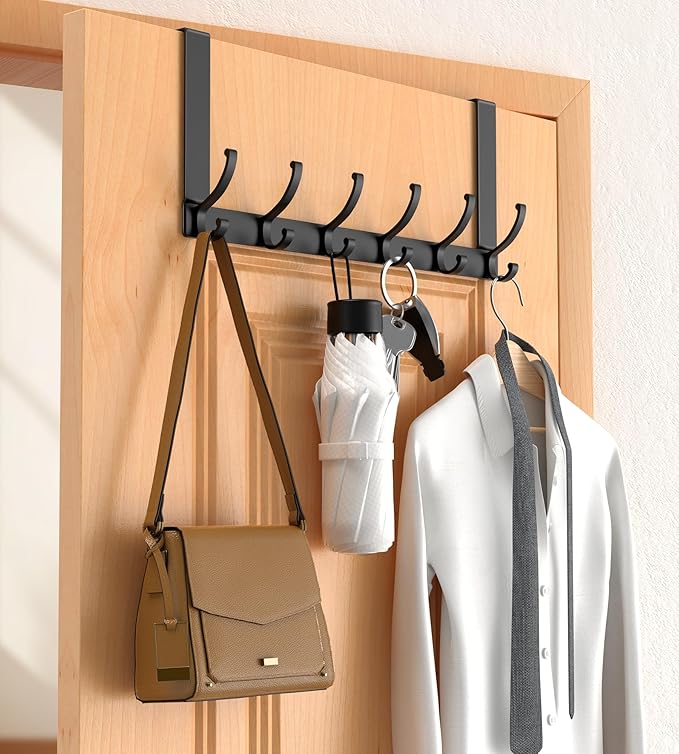 Over The Door Hooks Hanger with Extended Arms, Fit 1 3/8" Door, Tool-Free Assembly, F7U, Towel Rack Organizer Holder - Black