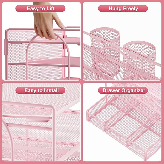 Marbrasse Desk Organizer and Accessories4-Tier Paper File Letter Tray Accessories & Workspace Desk Organizers with Drawer and 2 Pen Holders for School Home Office Supplies(Pink)-2P