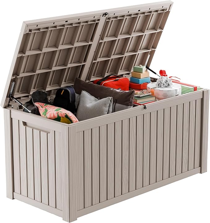 200 Gallon Outdoor Deck Box,Waterproof Resin Outdoor Storage Boxes, Outside Storage Lockable Container for Garden Tools,Indooor Cushions,Accessories (Grey)