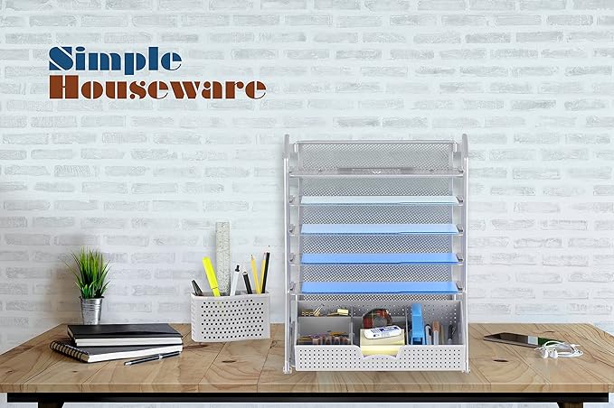 Simple Houseware 6-Tier Desk Document File Tray Organizer with Supplies Sliding Drawer, Silver