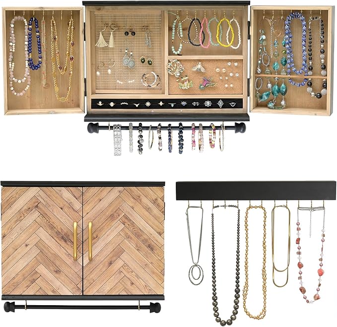 Wall Mounted Jewelry Organizer with Herringbone Wood Pattern. Jewelry holder for Necklaces, Earings, Bracelets, Ring Holder, and Accessories. Includes hooks for hanging jewelry - Black & Brown