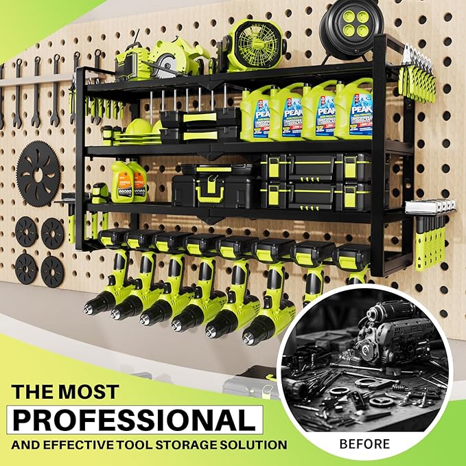 Power Tool Organizer Wall Mount - Storage Rack with 4 Drill Holders for Drills Cordless Tools. Heavy Duty Iron Garage Tool Organizer Storage for Workshop Shed (8 Slots 4 Layers 4)