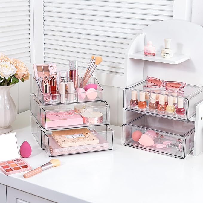 Vtopmart 5 Tier Clear Makeup Organizer with Drawer, Cosmetic Storage for Dresser Countertop and Bathroom Vanity, Beauty Holder for Lipstick Brush Skincare