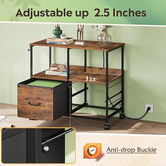 DEVAISE 3 Drawer Mobile File Cabinet, Rolling Printer Stand with Storage Shelf, Fabric Lateral Filing Cabinet fits A4 or Letter Size, Adjustable Shelf for Home Office, Rustic Brown