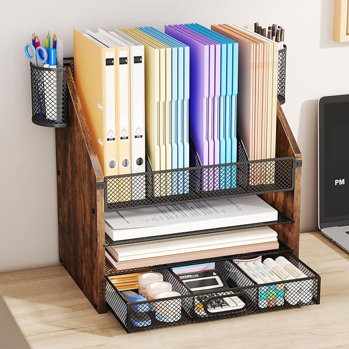 SWTYMIKI Desk Organizer with Drawers - Mesh and Wood Desk File Organizer with Pen Holders, 4-Tier Paper Organizer for Office Organizer and Accessorie, School and Home Storage, Espresso
