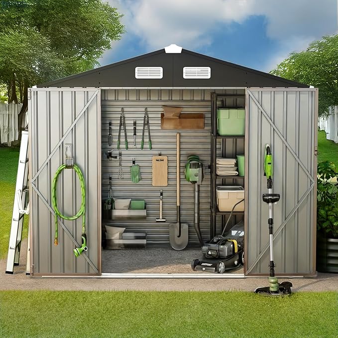 GVDV 8x6 FT Full Size Outdoor Metal Storage Shed, Durable Garden Shed with Reinforced Sidewall Girts & Updated Frame Structure, All-Weather Shelter for Backyard, Patio, Tool, Bike Storage (No Floor)