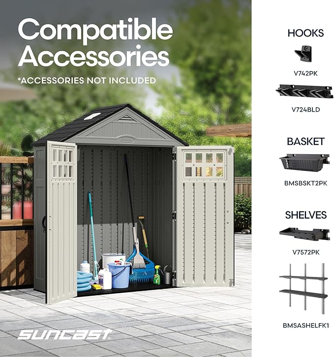 Suncast Everett 6x3 ft Vertical Storage Shed - Resin Outdoor Garden Shed with Floor, Windows, Skylight & Lockable Double Doors. Slim Yard Storage for Utility Tools & Backyard Equipment