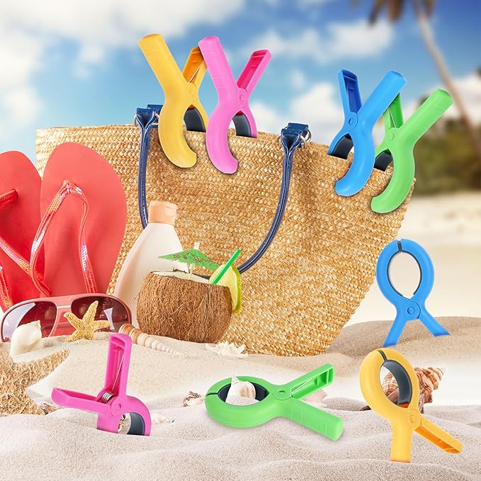 12Pcs Beach Towel Clips for Beach Chairs, 3.7 Inch Chair Clip for Cruise Pool, Clothes Pins Heavy Duty 4 Colors