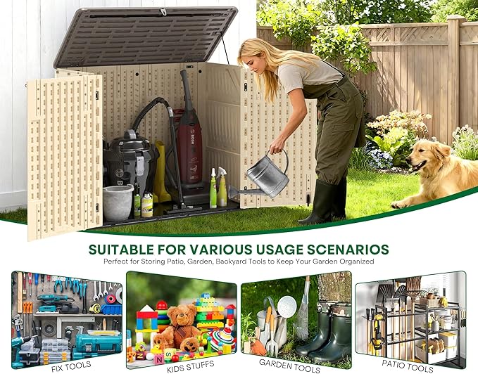 30 Cu.Ft Outdoor Storage Shed, Multi-Purpose Weather-Resistant Utility Shed for Garbage Cans, Lawn Mower, Garden Tools, Waterproof Resin Horizontal Cabinet with Pad-Lockable Doors (Khaki)