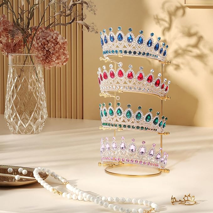 Crown Display Stand, Jewelry Organizer Stand 4-Layer, Metal Necklace Display Holder, Vintage Headband Display, Gold Headdress Storage Rack Display for Crown Hairband Necklace Jewelry