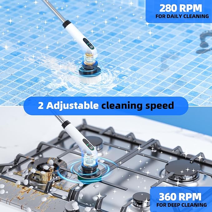 Electric Spin Scrubber, IPX7 Waterproof Power Shower Scrubber with Extension Handle, 7 Replaceable Brush Heads & 3 Hard Bristle Crevice Cleaning Brushes Cleaning Supplies for Bathroom Tub Tile Floor