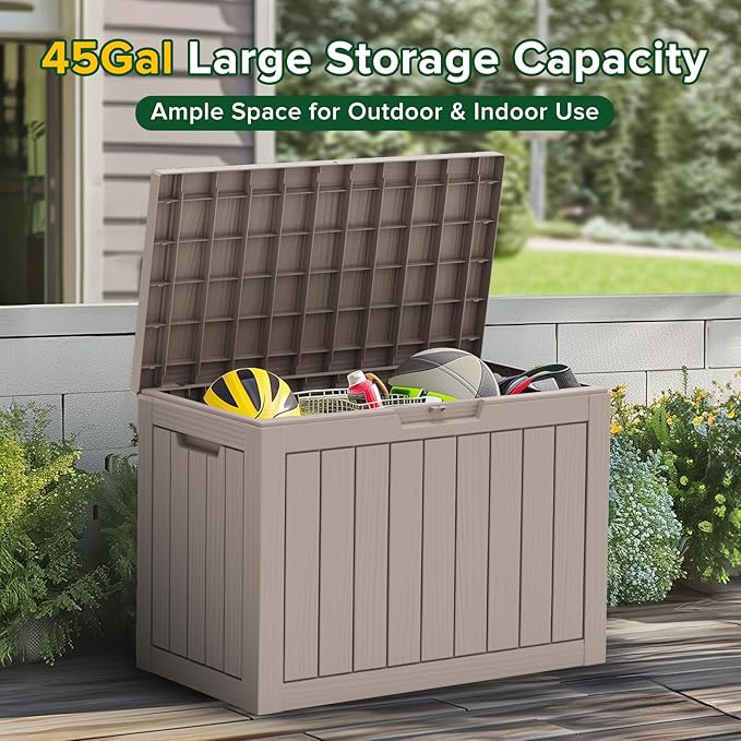 Outdoor Storage Box, 45 Gallon Resin Deck Box Waterproof for Patio, Poolside and Garden, Lockable UV-Resistant Storage Bin Bench Cabinet for Small Spaces, Grey