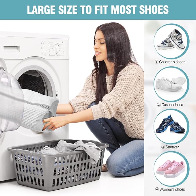 Shoe Washing Machine Bag, Shoe Laundry Bag for Washer and Dryer, Include Dry Net Bag, Reusable and Durable Zipper with Hook Design, Shoe Washing Bag for Sneaker (White, 1 Pack)