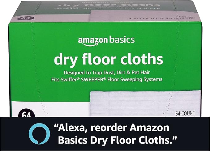 Amazon Basics Dry Floor Cloths | Clean Dust & Dirt | Pet Hair Removal | 64 Count | Pack of 2