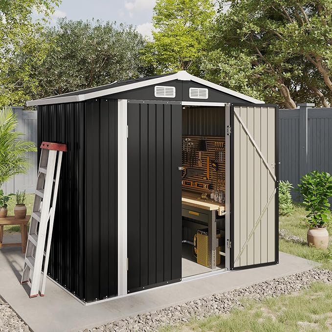 Aoxun 6.2x4 FT Shed Outdoor Galvanized Storage Shed with Large Lockable Doors for Lawn, Backyard, Patio (Black)