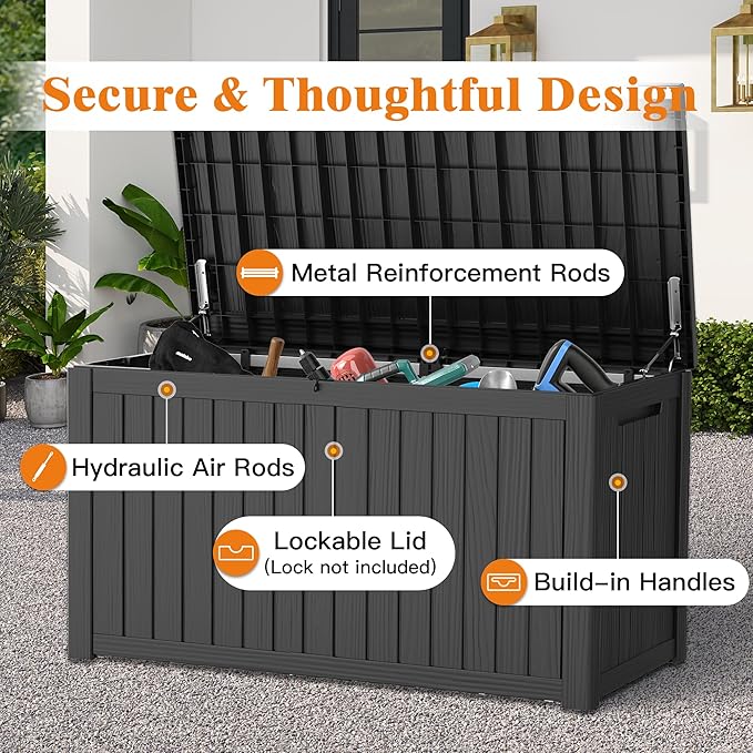 200 Gallon Outdoor Storage Box, Waterproof Deck Box with Handles and Lockable Lid, Resin Patio Storage Box with Hydraulic Rods for Garden Tools, Cushions, Black