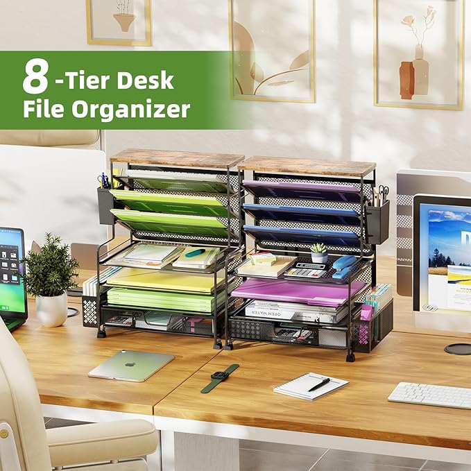 8 Tier Desk File Organizer with Sliding Drawer, Desktop Organizers and Accessories, Letter Size File Organizer for Desk, Black