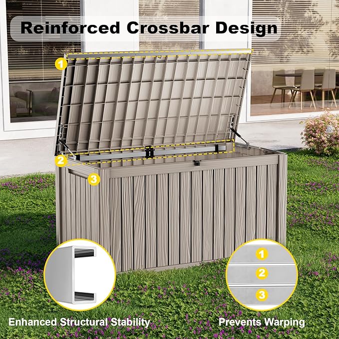 200 Gallon Outdoor Deck Box,Waterproof Resin Outdoor Storage Boxes, Outside Storage Lockable Container for Garden Tools,Indooor Cushions,Accessories (Grey)