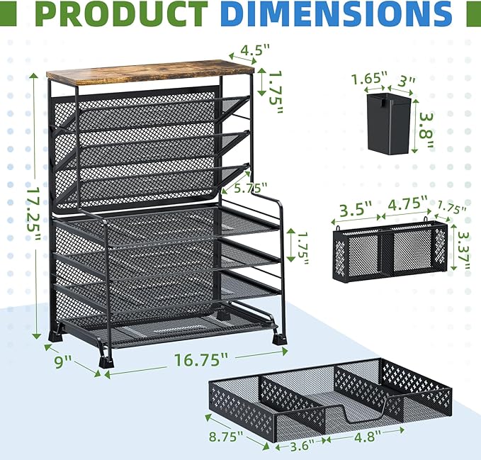 8 Tier Desk File Organizer with Sliding Drawer, Desktop Organizers and Accessories, Letter Size File Organizer for Desk, Black