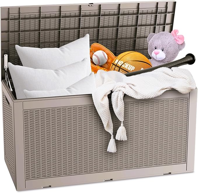 Outdoor Storage Deck Box Waterproof, 100 Gal Large Lockable Patio Storage Bin Chest, Resin Outside Container Seat Bench for Furniture Cushions, Pool Accessories, Garden Tools & Delivery, Grey