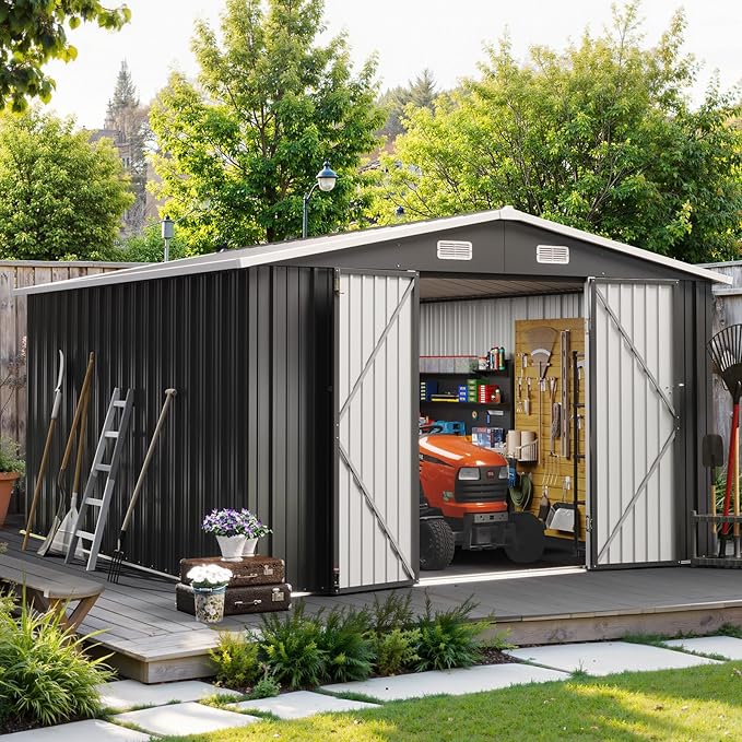 10x12 FT Outdoor Storage Shed, Utility Steel Tool Shed with Lockable Door and Air Vents, Galvanized Metal Shed for Garden Backyard Patio Lawn (10'x12', Black)