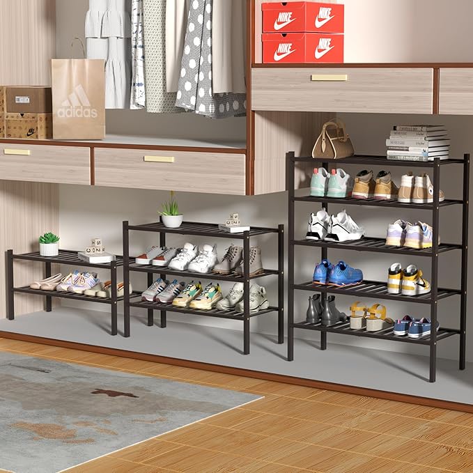 5 Tier Bamboo Shoe Rack for Closet Free Standing Wood Shoe Shelf for Entryway Small Space Stackable 27"x11"x33" (Brown)