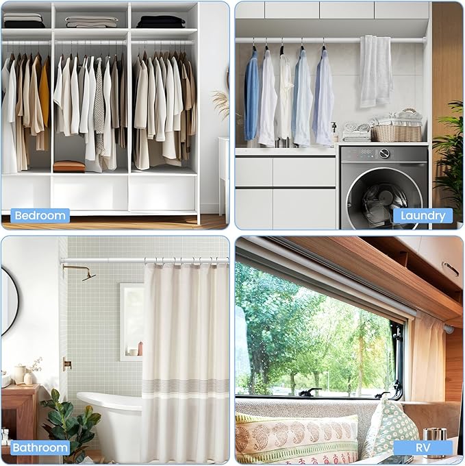 Closet Rods for Hanging Clothes, 17 to 54 Inch Heavy Duty Stepless Adjustable Closet Hanging Rod, 1.3 Inch Diameter Metal Closet Rod for Wardrobes Laundry Bedroom RV, White