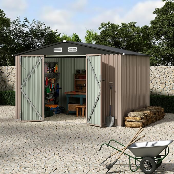 Heavy-Duty 8x10 ft Metal Garden Shed with Air Vent & Lockable Door, Outdoor Storage Shed for Yard, Patio, Lawn, Rust-Resistant Utility Shed, All-Season Use