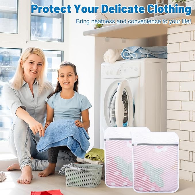 6 PCS Durable Honeycomb Mesh Laundry Bags for Delicates with Zipper, 12 x 16 Inches Reusable Laundry Bag Mesh Wash Bags for Washing Machine for Clothes, Shoes, Socks, Underwear, Bra (M, White)