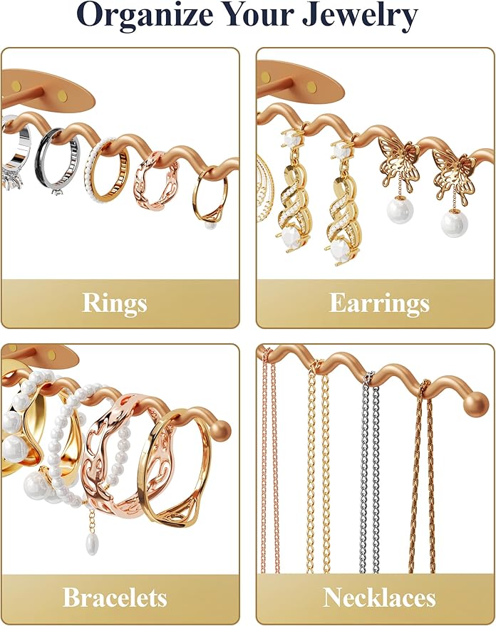 NiHome Wall Mounted Metal Jewelry Organizer Racks for Necklaces, Earrings, Bracelets, Rings, Decorative Display Wave Design Storage Holders for Bedroom, Bathroom, Kitchen, Entryway (2-Pack, Gold)