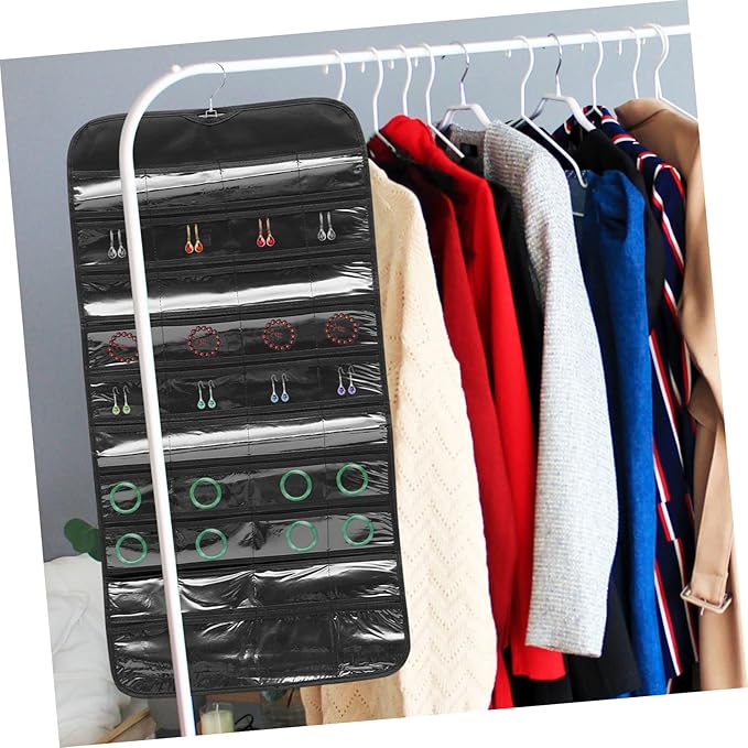 Angoily Double-sided Jewelry Organizer Hanging Bag for Necklaces Earrings Bracelets Storage Holder Dustproof Black Wardrobe Display and Space-saving Accessory Organizer