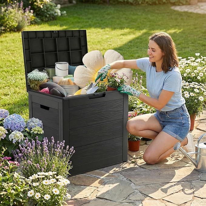 35 Gallon Outdoor Storage Box, Deck Boxes Outdoor Waterproof, Plastic Patio Storage Bin, Box for Packages Delivery, Lockable, UV Resistant, Grey