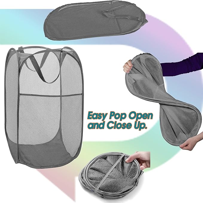 BATTOO Deluxe Strong Mesh Pop up Laundry Hamper Basket with Side Pocket for Laundry Room, Bathroom, Kids Room, College Dorm or Travel 3 x Grey