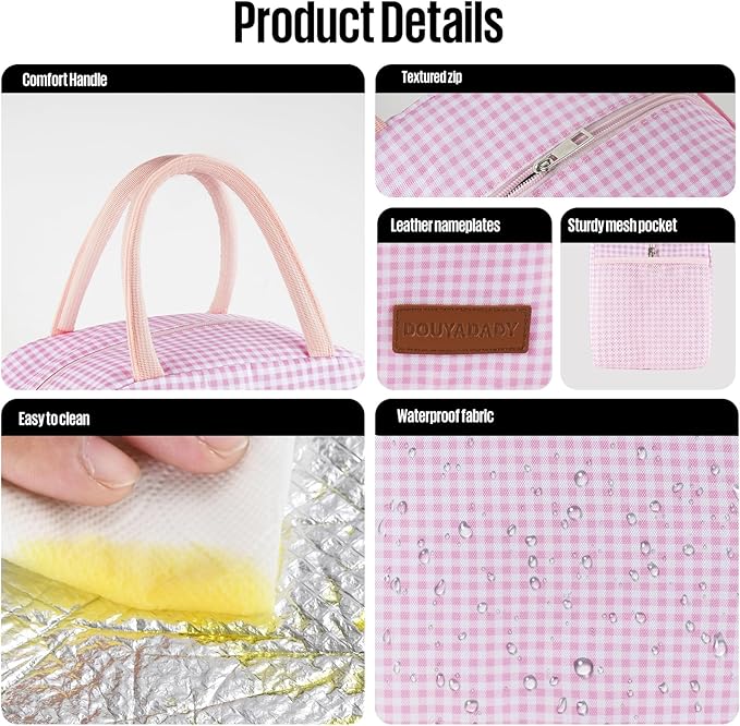 Lunch Bag Women/Men Lunch Box Women/Men (Pink+White Grid)