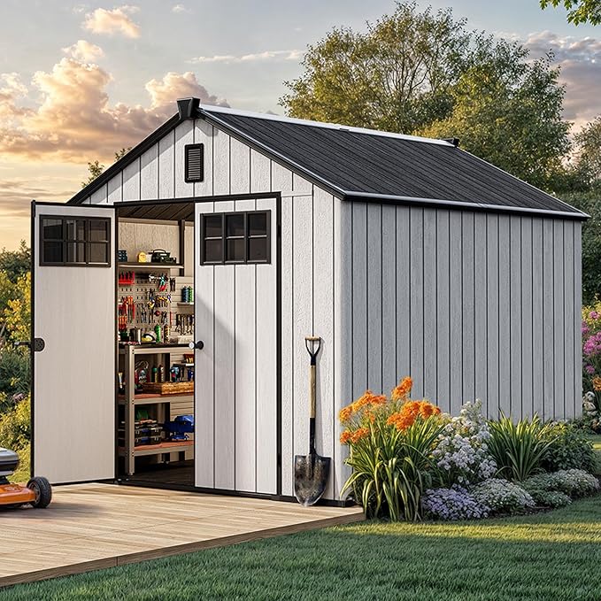 YITAHOME 8x10 FT Outdoor Storage Shed with Floor, Extra Thick Plastic Garden Shed for Bikes, Tools and Pool Supplies, Outdoor Resin Shed with Door Window Insert & Vents for Patio, Lawn, Backyard, Gray