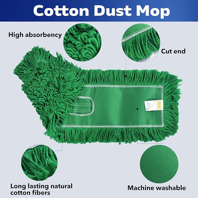 Matthew Cleaning 24'' Industrial Strength Cotton Dust Mop Refill Washable Replacement Heads for Residential & Commercial Use Fit Standard Dust Mop Frames, Hardwood,Concrete Floors Green 12 Pack