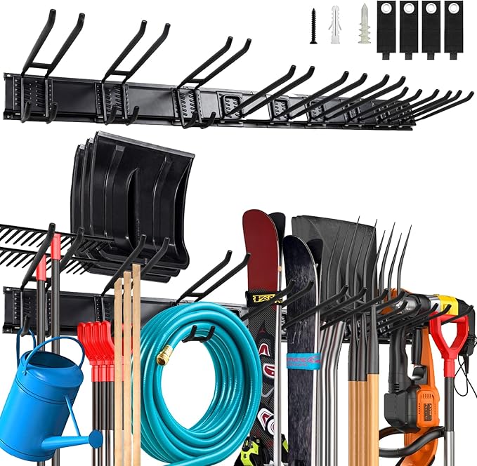 68 Inches Wall Mount Garden Tool Organizer with 17 PCS Adjustable Garden Tool Hanger Rack, Max Load 730lbs Garage Storage, Garage Organization, Yard Shed and Power Tool Organizer Rack