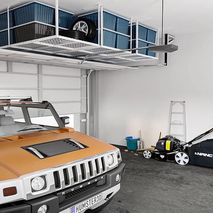 FLEXIMOUNTS 3x8 Overhead Garage Storage Rack, Adjustable Storage Organization System, Heavy Duty Metal Garage Ceiling Storage Racks, 2 pack, White, Classic Series