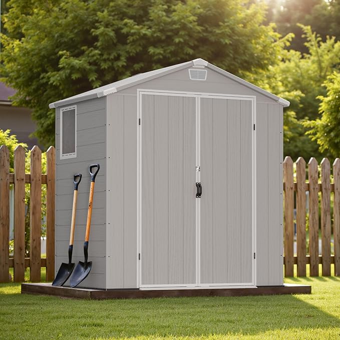 Greesum 6x4FT Plastic Outdoor Storage Shed with Floor, Resin Sheds with Lockable Double Door, Tool Sheds with Window and Vents, for Garden, Backyard, Patio, Light Gray