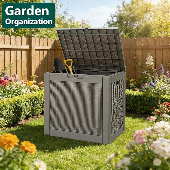 35 Gallon Outdoor Storage Box, Resin Deck Boxes Outdoor Waterproof For Patio Furniture, Garden Tools, Pool Supplies, Lockable And UV Resistant (Rattan Gray)