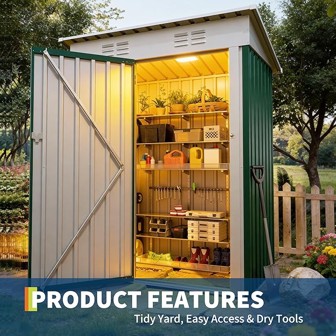 5x3FT Shed & Outdoor,Storage Shed with Lockable Door,Anti-Corrosion Storage House with Sloping Roof for Backyard Outdoor Patio(Green)