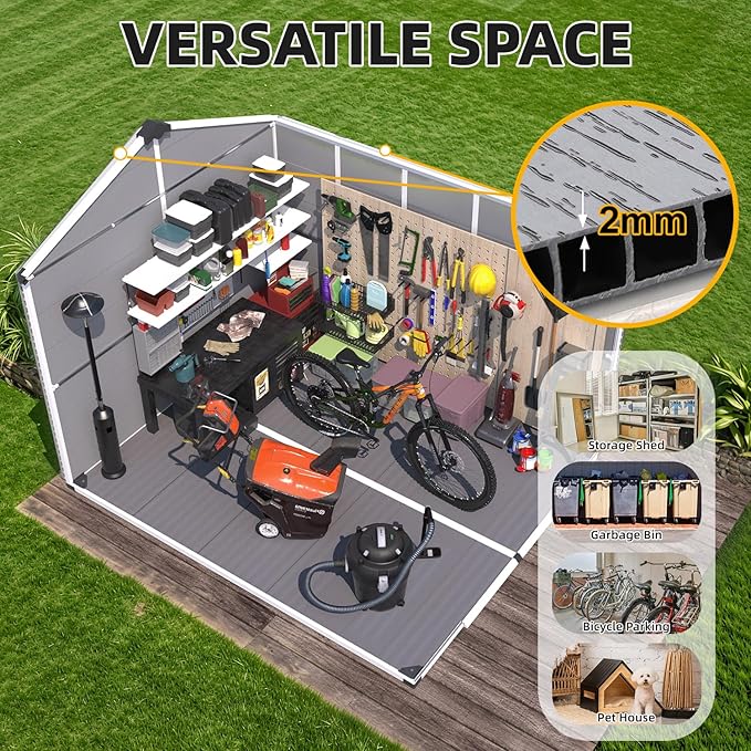 MELLCOM 8 x 10 FT Resin Outdoor Storage Shed with Floor, Outdoor Storage Tool Shed with Windows and Lockable Door, Resin Garden Shed for Garbage Can, Lawnmower, Bike