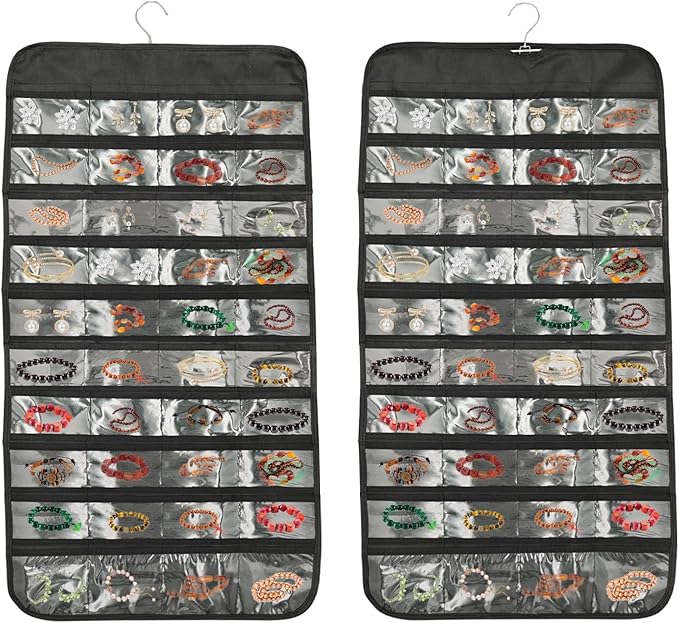 80 Pockets Double-Sided Hanging Jewelry Storage Bag, Transparent Earring, Bracelet, Ring Bag, 33x17 Inch Large Size Fits Wardrobe/Shelf Rod, Travel Portable, Non-Woven(Black)