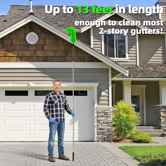 13FT Gutter Cleaner Tools, Long-Reach Rain Gutter Cleaning Brush, Removes Leaf Debris from Roof Gutters Without a Ladder, Leaf Cleaning Kit with 2 Brushes and Storage Bag, Green