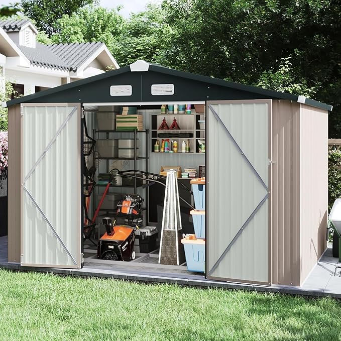 Aoxun 8x10 FT Shed Outdoor Storage Shed with Base, Large Shed Steel Utility Tool Shed Storage House with Door & Lock, Metal Sheds with Sloped Roof for Garden Patio Lawn Poolside, Brown