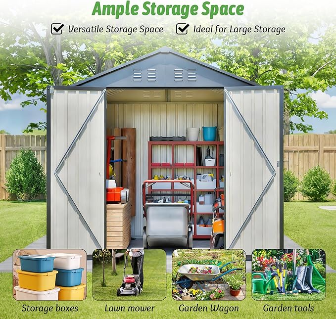 6x6 FT Outdoor Storage Shed with Lockable Doors & Sloping Roof & Clear Window, Galvanized Steel Metal Garden Tool Shed for Backyard, Patio, Poolside