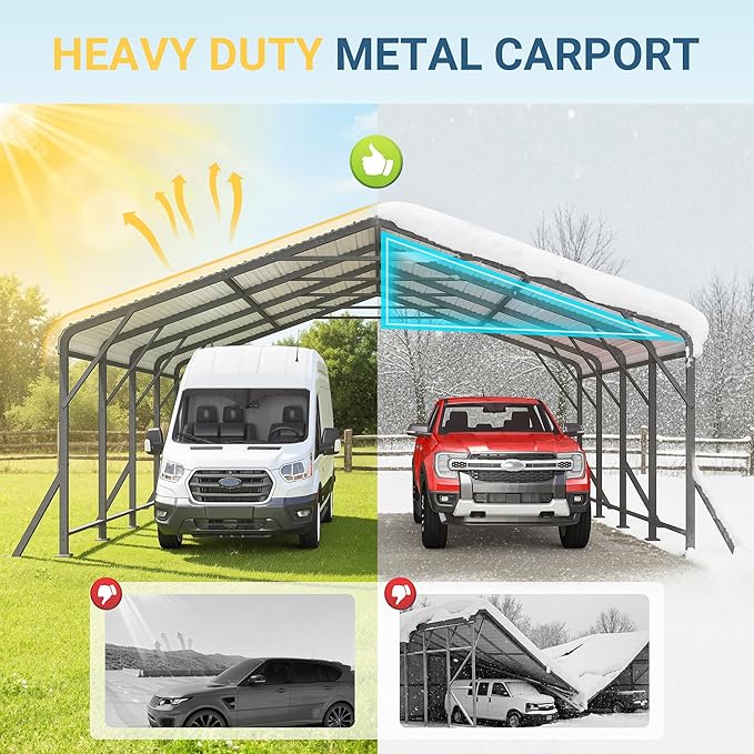 20x20 FT Metal Carport with Updated Roof & Enhanced Base, Heavy Duty Canopy Carport Garage, Vertaile for Car, Truck, Boat, Tractors, Party, Grey