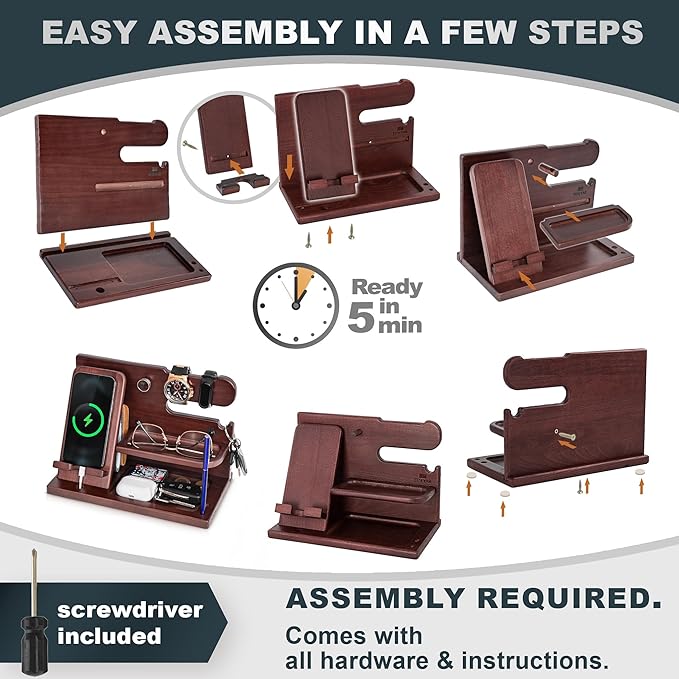 TESLYAR Wood Phone Docking Station for Men - Desk or Nightstand Organizer - Birthday Gifts for Husband, Dad - Anniversary Idea from Wife - Key Holder, Stand Wallet, Watch & Essentials (Mahogany)
