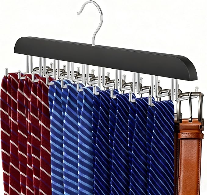 Tie Rack Hanger for Closet 20 Foldable Hooks, 1 Pack Wooden Non Slip Large Capacity Space Saving Tie and Belt Organizer with 360°Rotating Hooks for Tank Tops Bras Scarves Hat